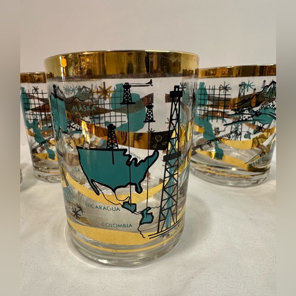 Rare Set of 5 MCM Norma Jean Wright 24k Gold & Turquoise Oil & Gas Bar Glasses - Picture 6 of 15